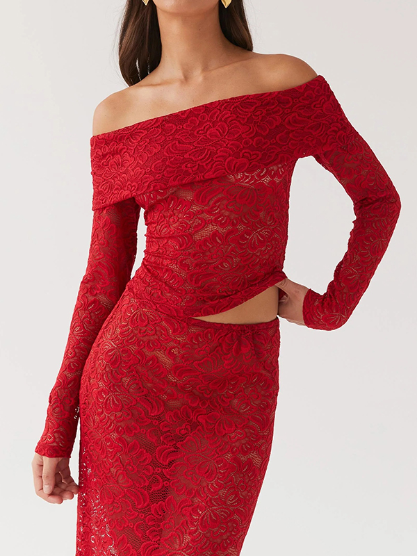 Sheer Lace Long Sleeve Off The Shoulder Tops