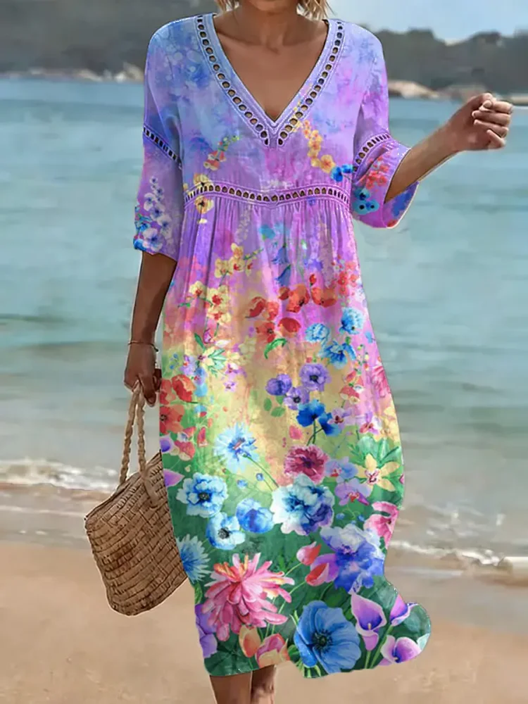 Women's Retro Floral Pattern Art Print Casual Stylish Cotton Linen Dress