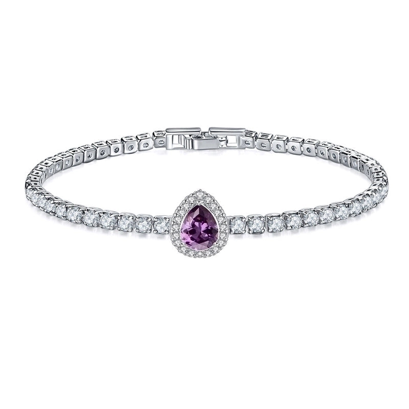 Copper Rhodium Plated Minimalist Shiny Inlay Round Water Droplets Heart Shape Zircon Tennis Bracelet