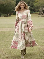 Women's Vintage Floral Patchwork Comfy Linen V-neck Dress