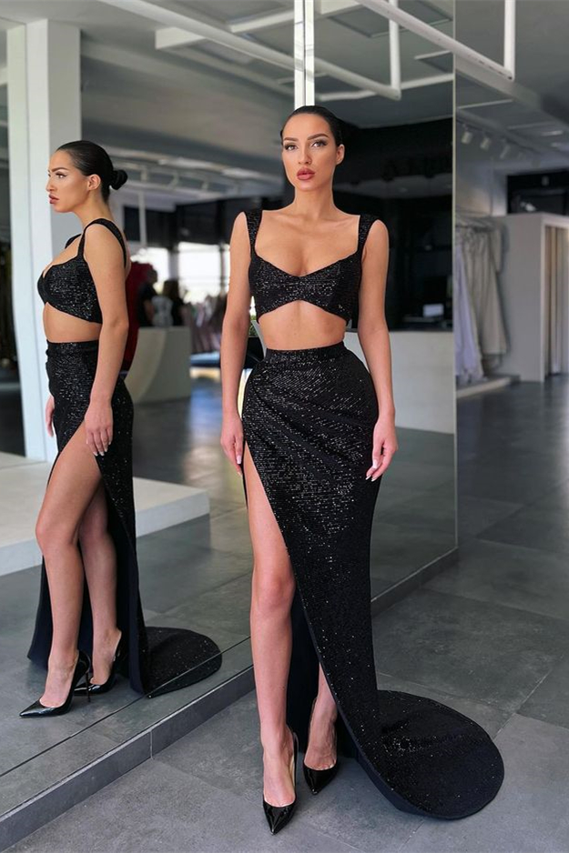 Bellasprom Black Two Pieces Prom Dress Mermaid With Slit Sequins Bellasprom