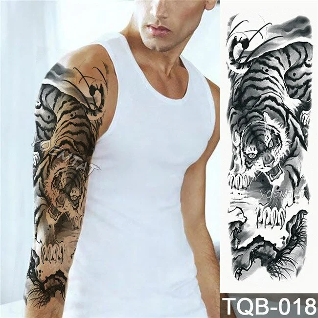 Large Arm Sleeve Tattoo Sketch Lion Tiger Waterproof Temporary Tatoo Sticker Wild Fierce Animal Men Full Bird Totem Tatto