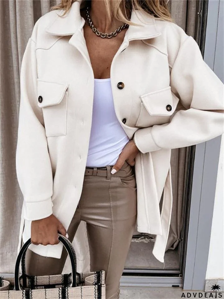 Women's Tie Waist Flap Chest Pocket Casual Temperament Solid Color Lapel Button Coat