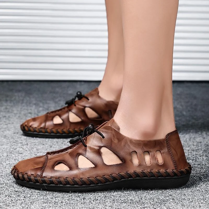 Men Breathable Genuine Leather Sandals Flats Fashion Casual Beach Shoes | EGEMISS