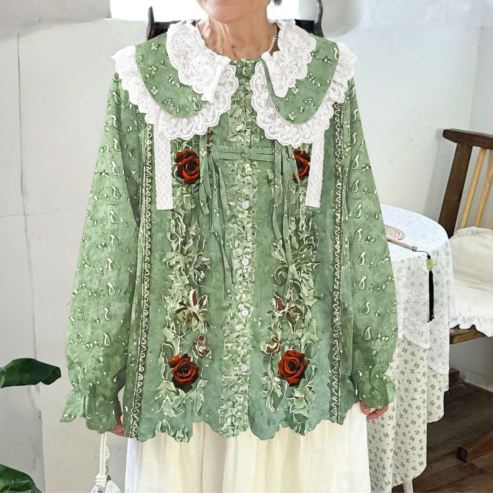 Women Printed Long Sleeve Round-neck  Cute Collar Shirts Blouses Green