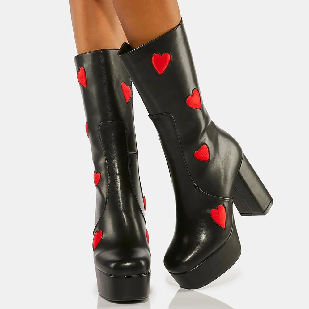 Black Square Toe Platform Mid Calf Boots Block Heels With Heart Print Nicepairs