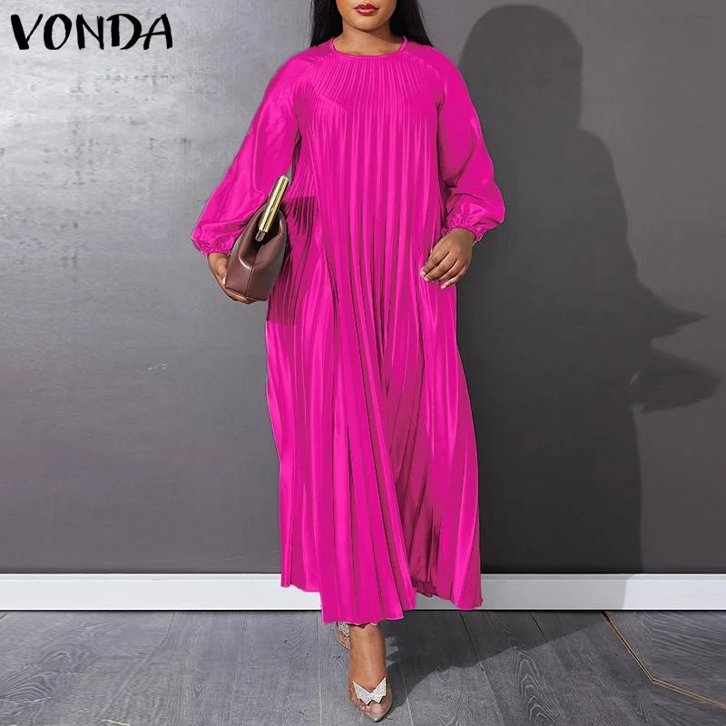 VONDA Long Dresses 2022 Women Long Sleeve Vestidos Female A-Line Solid O-Neck Loose Satin Slik Robes Pleated Sundress Oversize