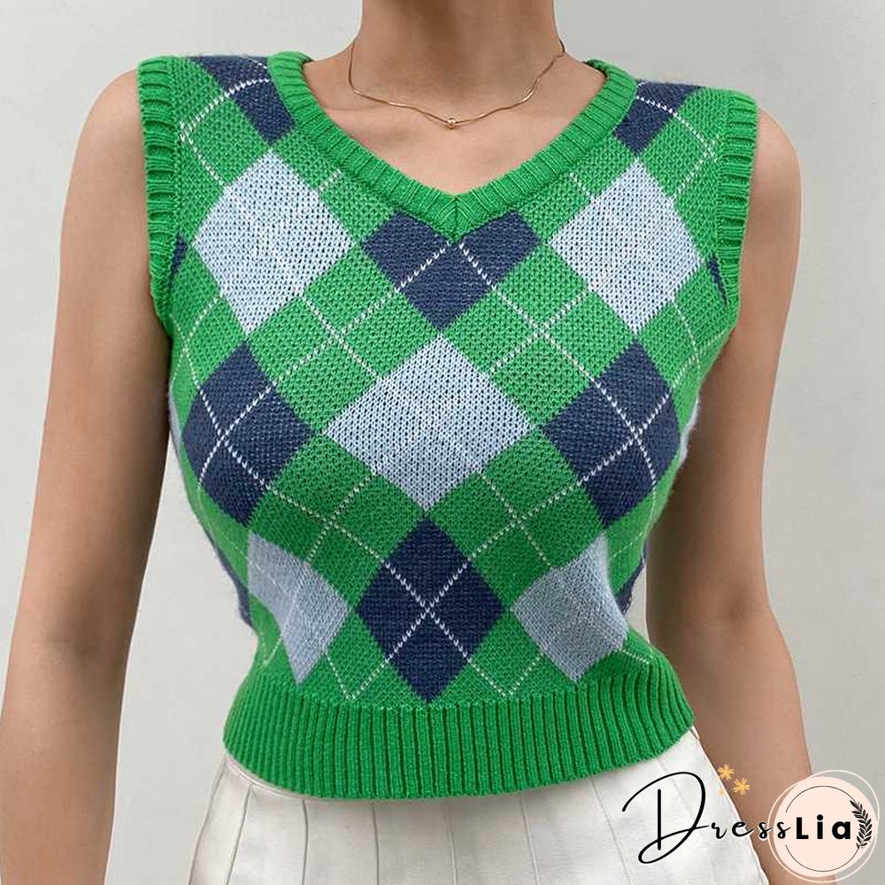Checkered Cropped Knitted Tank Argyle Sleeveless Jumper