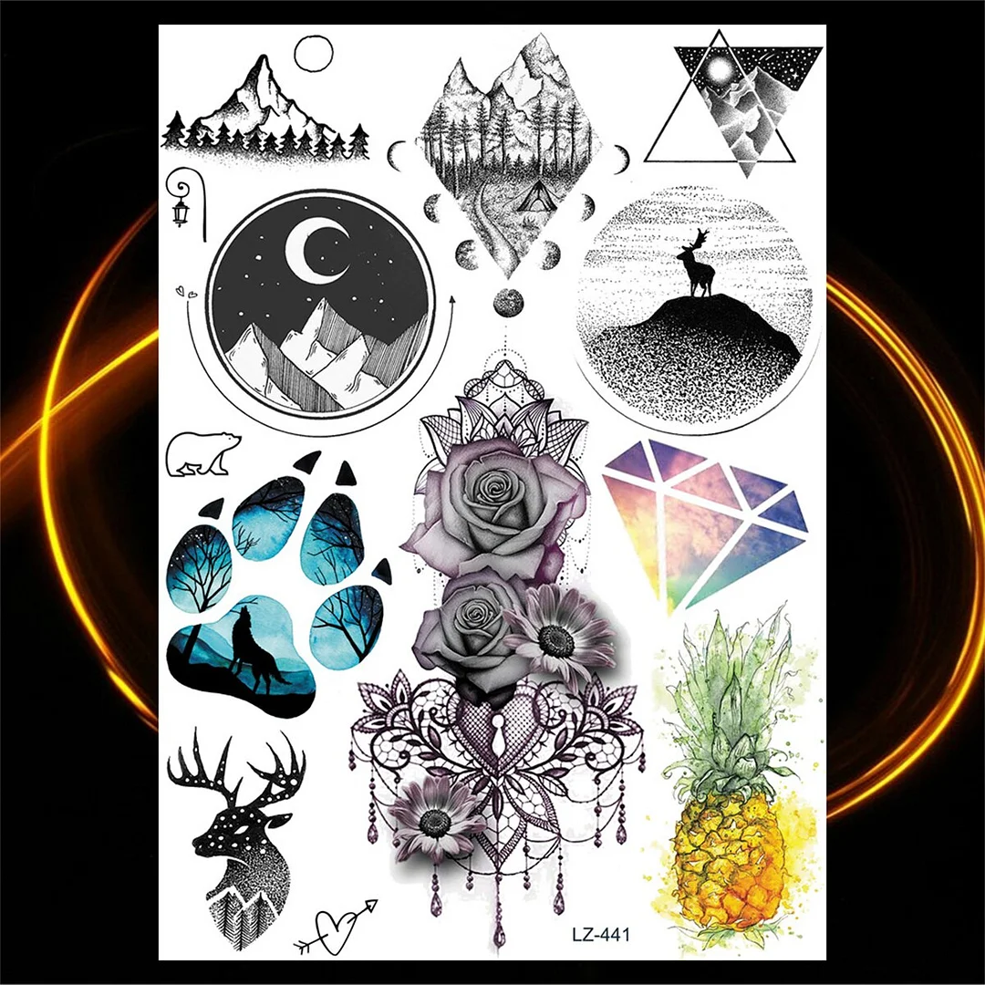 Sdrawing Rose Flower Moon Temporary Tattoos For Women Adult Pendant Peony Lotus Fake Tattoo Calf Thigh Body Art Waterproof Tatoos