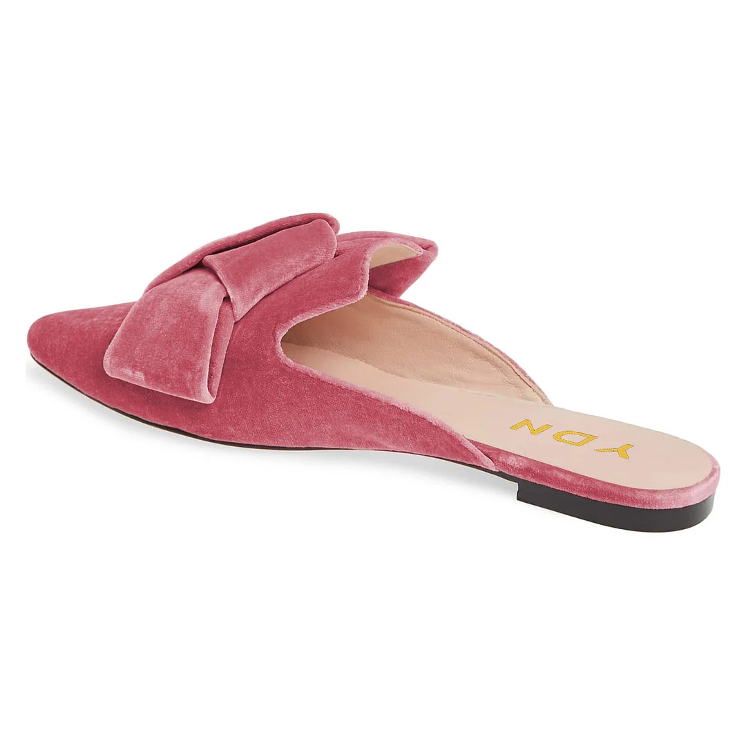 Rose Pink Velvet Flat Pointed Toe Knot Decor Mule Shoes for Women