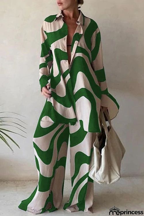 Geometry Print Loose Shirt Pants Set