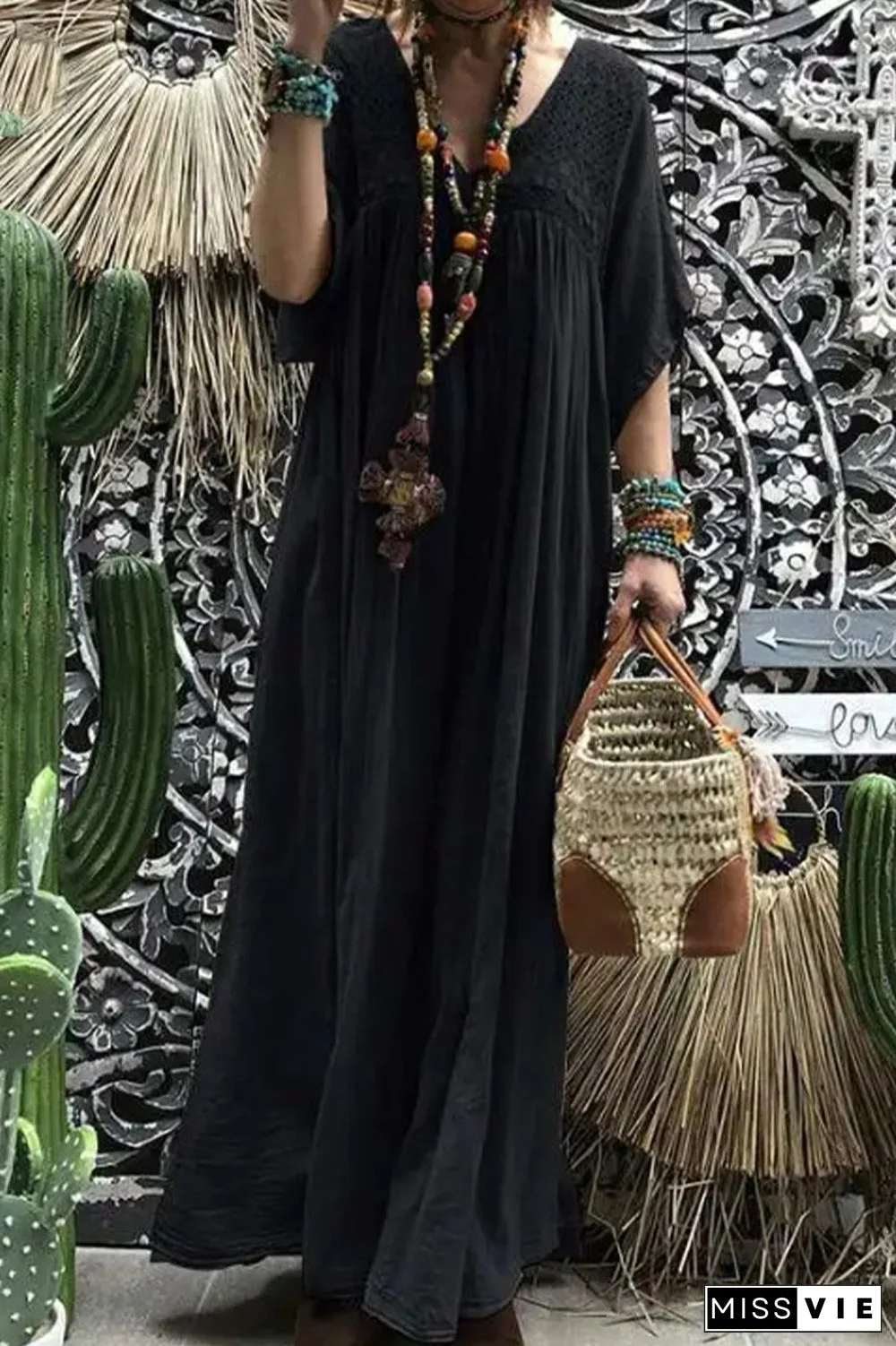 Casual Solid Lace V Neck A Line Dresses(No accessories)