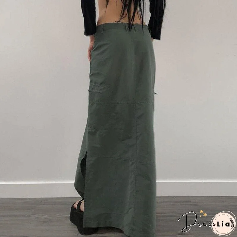 Black Friday Sales Retro Gray Cargo Skirt Maxi Split Grunge Low Waist Rise Casual American Style Streetwear Y2k Fashion Vintage For Women Ladies