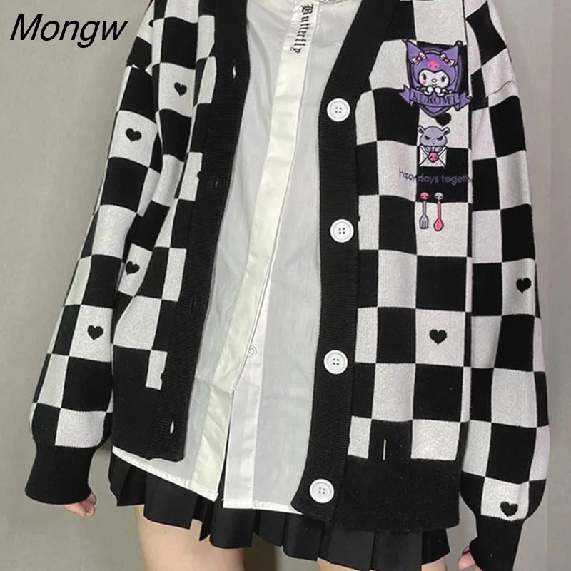Mongw Pink Girl Kawaii Plaid Cardigan Sweater Top Y2K Women Vintage Loose Knitted Sweater Korean Fashion Harajuku Streetwear 90S