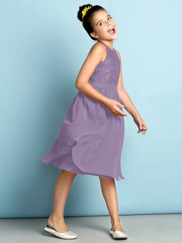 Daisda A-Line Jewel Neck Knee Length  Flower Girl Dress With Lace 