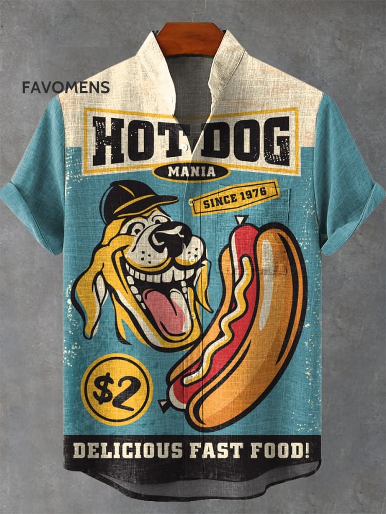 Vintage Western Hotdog Fast Food Printed Casual 100% Cotton Shirt Multicolor / S