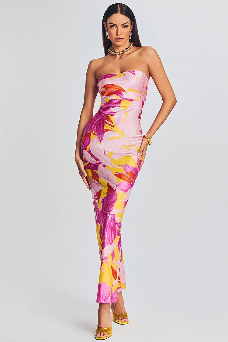 Strapless Floral Print Horizontal Low Cowl Back Satin Maxi Dresses [Pre Order]