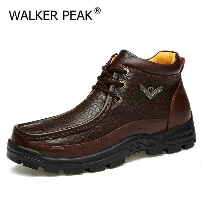 Genuine Leather Mens Shoes Fur Ankle Boots Business Warm Winter Shoes Snow Mens Boot Lace Up Work Shoes Male Plush WalkerPeak