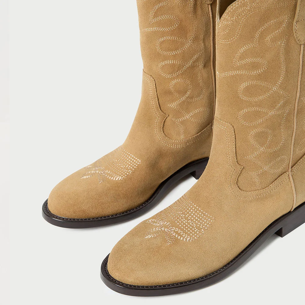 Tan Embroidered Round Toe Slip On Mid Calf Cowgirl Boots for Women
