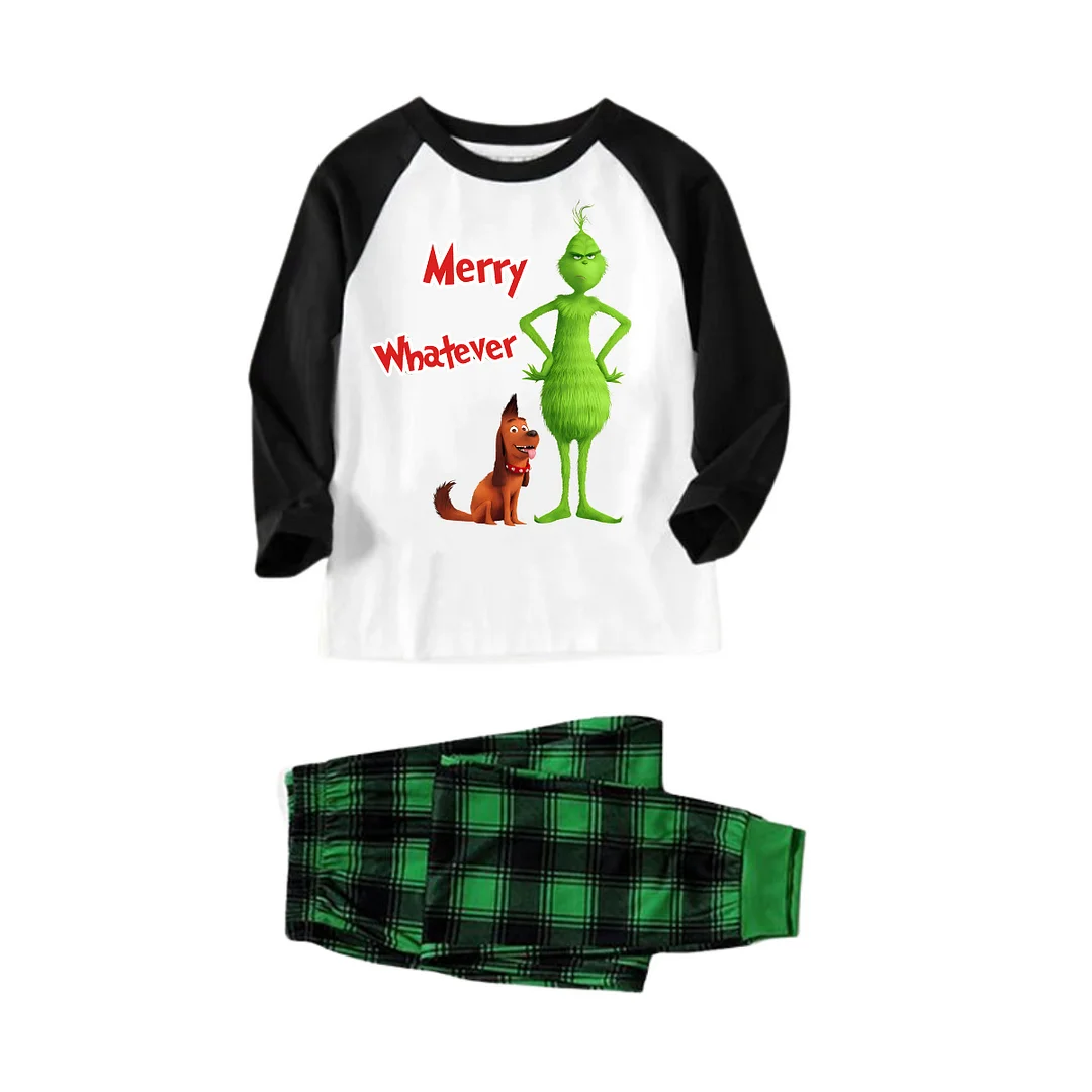 Cartoon Pattern and "Merry Whatever" Printed Green and Black Plaid Christmas Family Pajamas