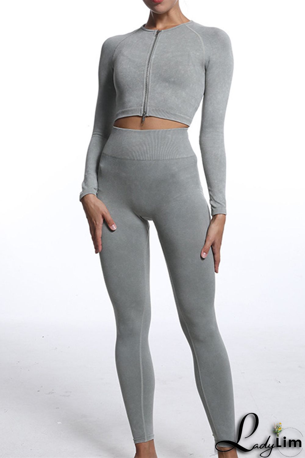 Blue Gray Casual Sportswear Solid Patchwork Zipper Long Sleeve Top And Trousers Two Piece Set