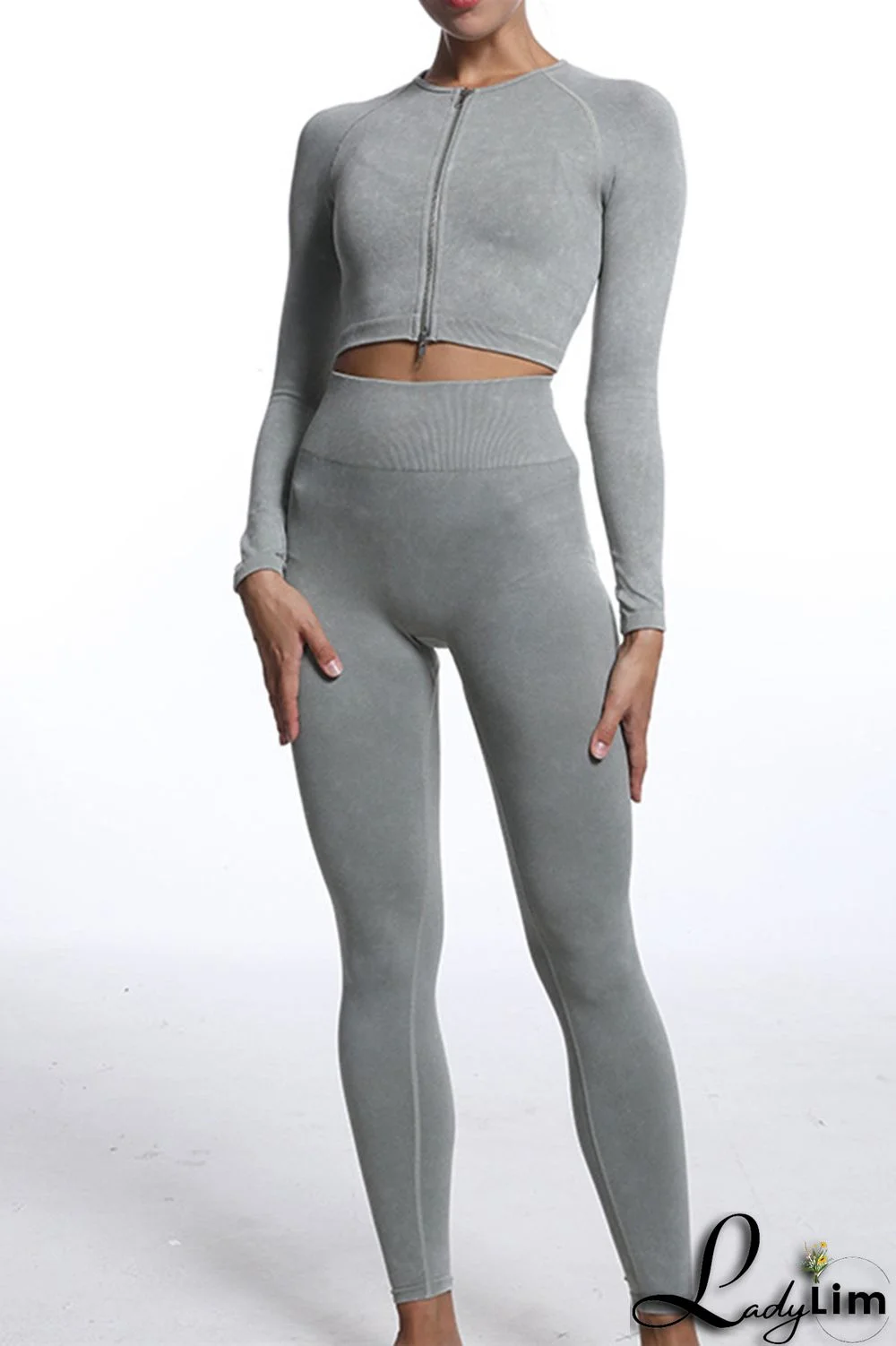 Grey Casual Sportswear Solid Patchwork Zipper Long Sleeve Top And Trousers Two Piece Set