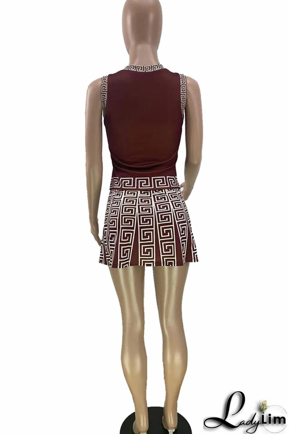 Brown Casual Print Patchwork O Neck Sleeveless Two Pieces