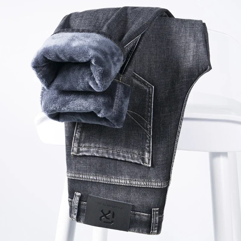 Koblaban Winter Brand Fleece Thick Warm Fit Straight Stretch Jeans Classic Fashion Casual Youth Men's Slim Jeans Black Gray Blue 2024