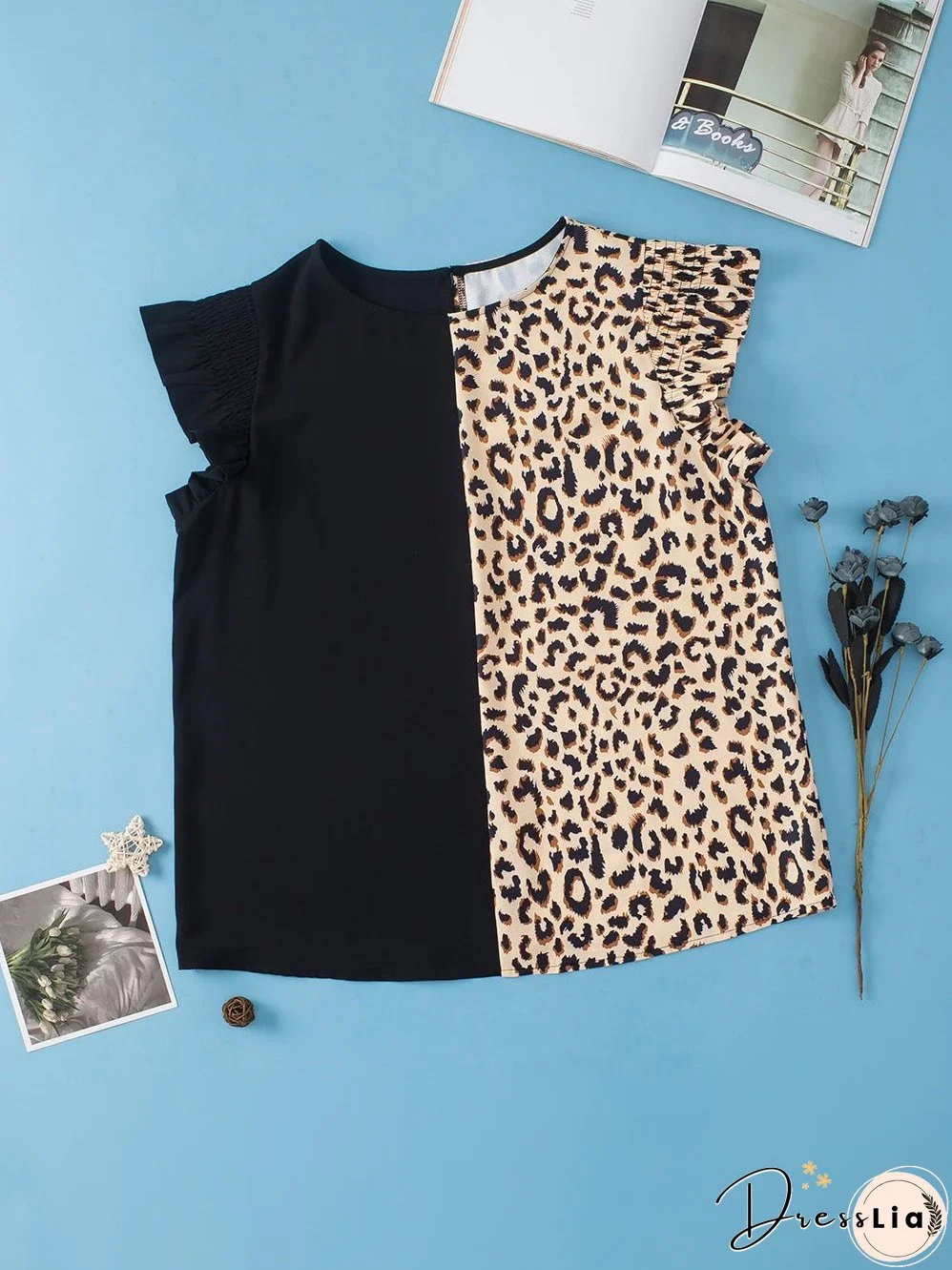 Elegant Black Leopard Ruffle Sleeve Plus Size Top