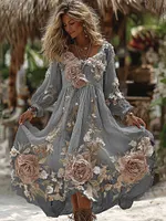 Women's Vintage Romantic White Rose Embroidery Art Comfy Linen Maxi Dress - Image 6