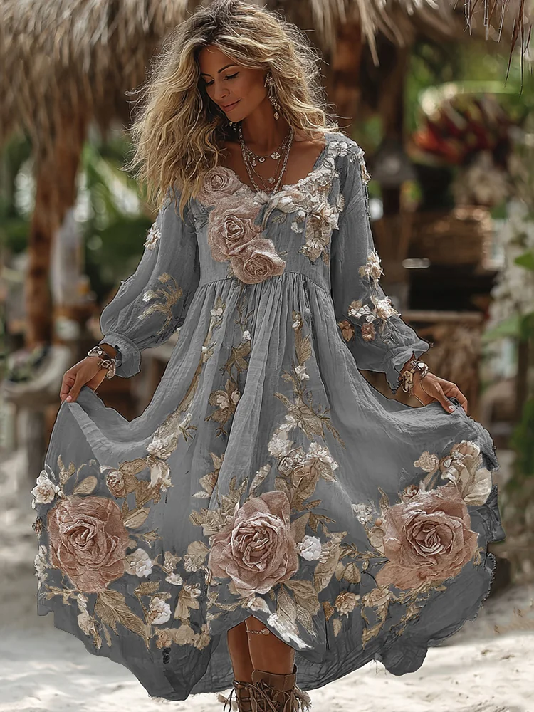 Women's Vintage Romantic White Rose Embroidery Art Comfy Linen Maxi Dress