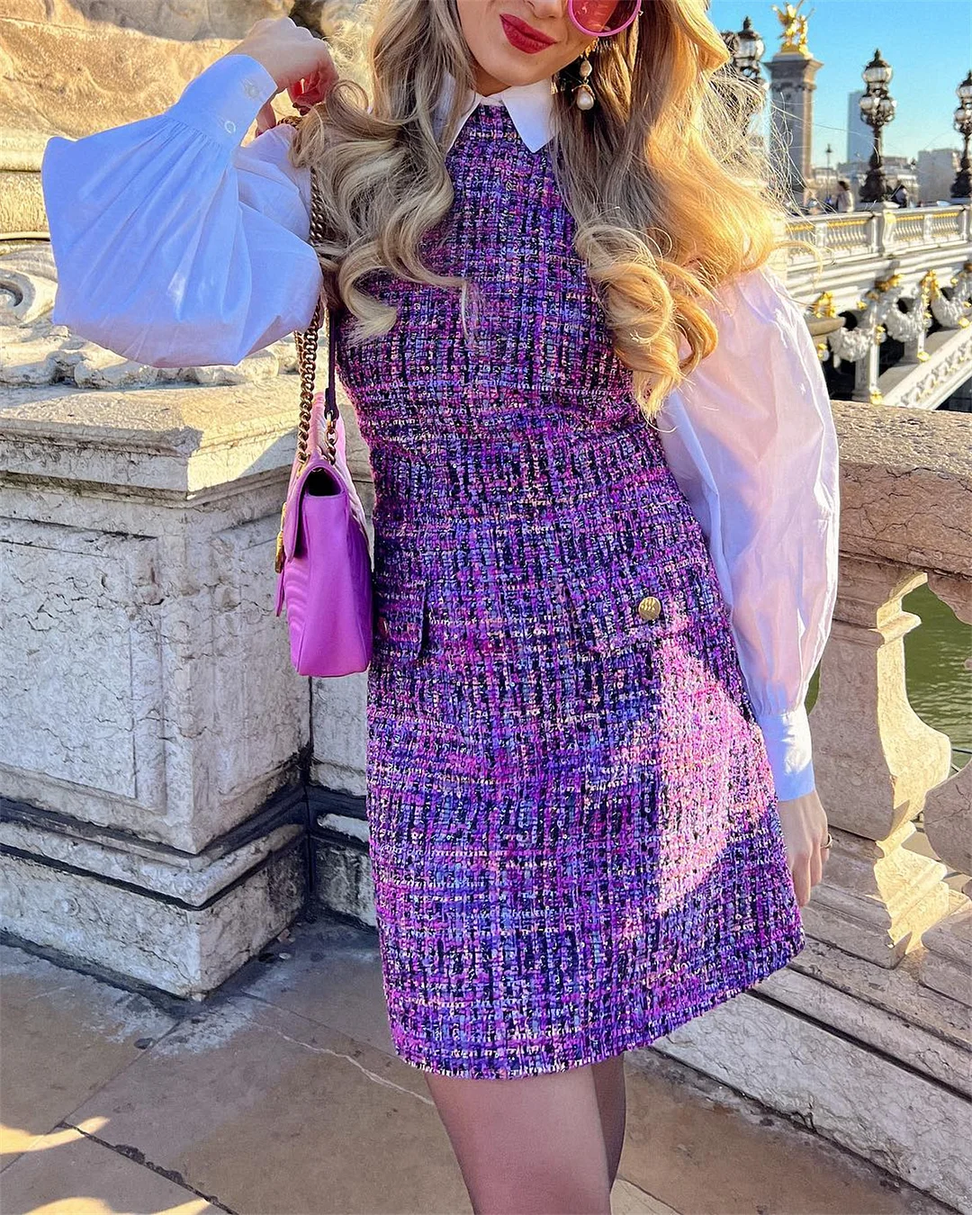 Women's Purple Patchwork Tweed Dress