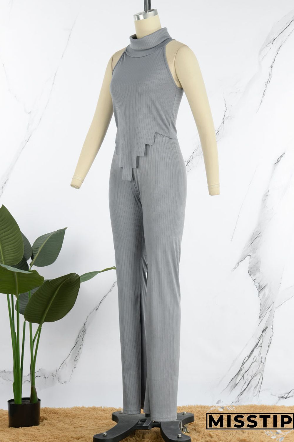 Grey Sexy Solid Patchwork Asymmetrical Turtleneck Sleeveless Two Pieces