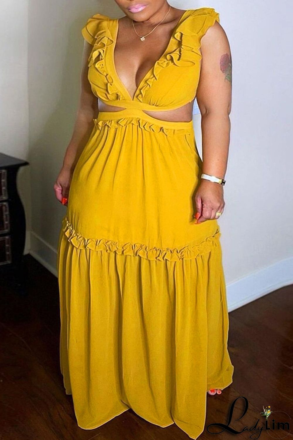 Yellow Fashion Sexy Plus Size Solid Patchwork Backless Strap Design V Neck Sleeveless Dress
