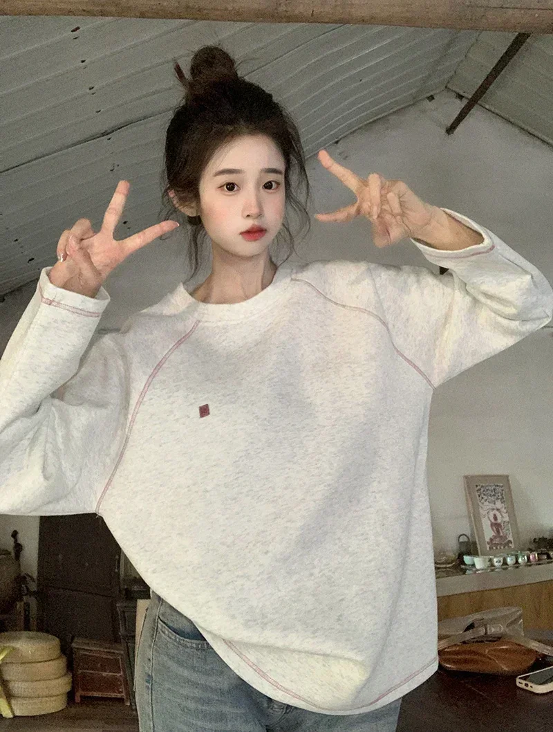 Wantexo Hoodies Women Autumn Students Outwear Printed Simple Harajuku O-neck Loose Streetwear Clothing Korean Style Y2k Fashion Trendy