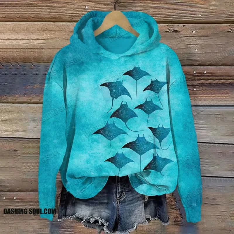 Vintage Manta Ray Art Print Long Sleeve Hoodie