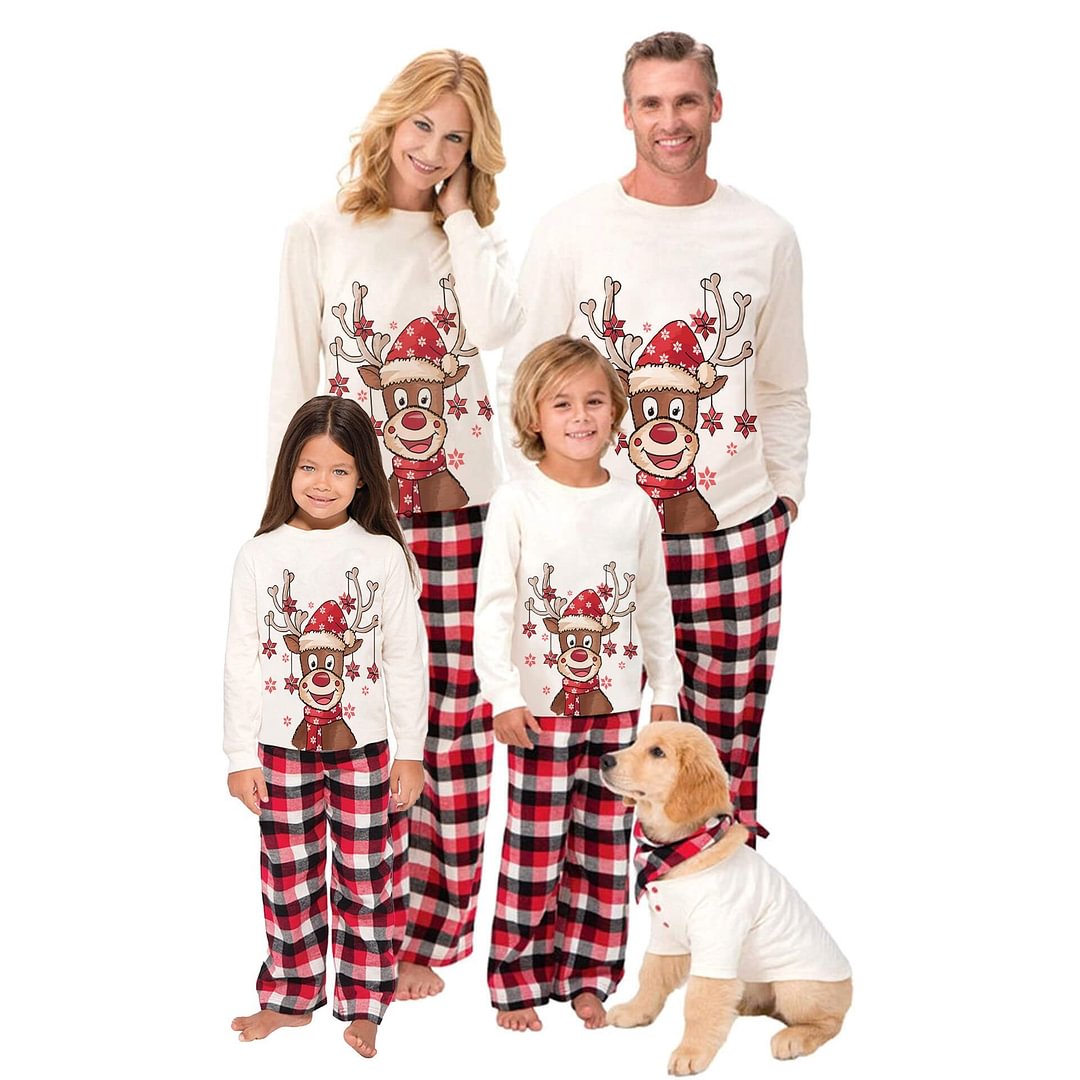 Family Matching Lovely Reindeer Wearing Christmas Hat Buffalo Plaid Pajamas Sets