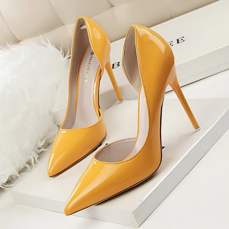 100mm High Elegant Stiletto Patent Leather Pointed-Toe Hollowed Pumps Shoes