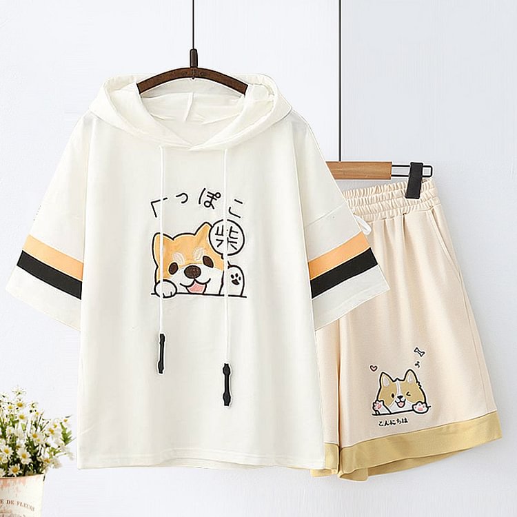 Cartoon Kitty Print Hooded T-Shirt Shorts Set - Modakawa Modakawa