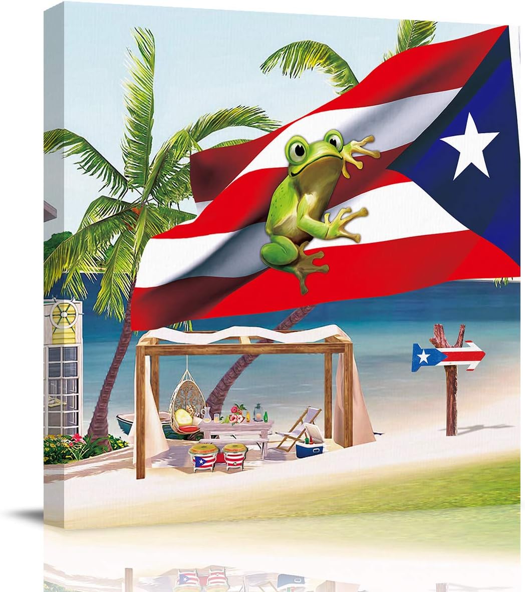 Puerto Rico Flag Bathroom Decor Canvas Wall Art Painting,Summer Beach Frog in Puerto Rico Flag Canvas Prints Artwork Home Decor for Living Room, Kitchen, Office, Framed Ready to Hang 8x8 inch