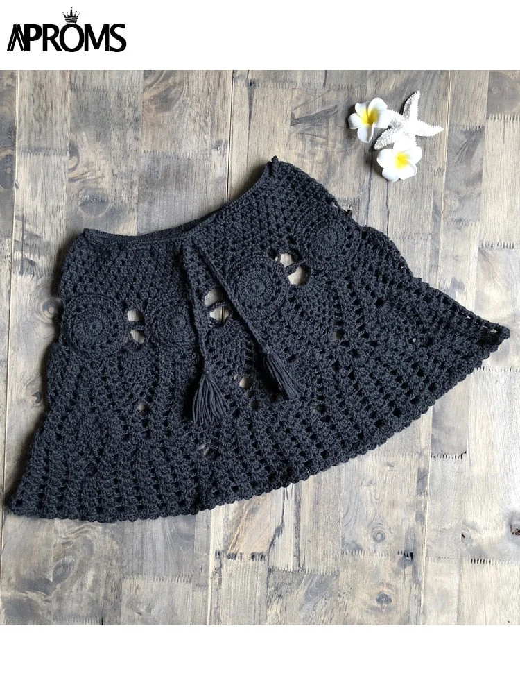 Aproms Candy Color Handmade Cotton Knitted Crochet Mini Skirts Women Summer Hollow Out High Waist Beach Skirt White Bottoms 2022