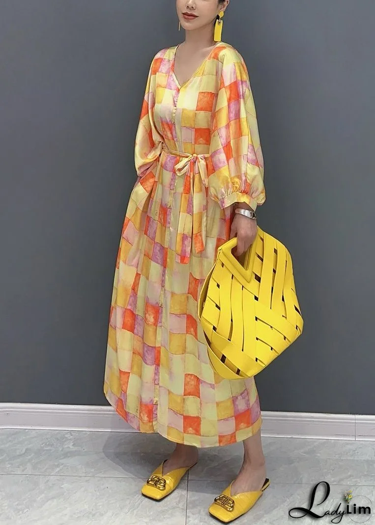 Chic Yellow V Neck Plaid Silk Long Dress Lantern Sleeve