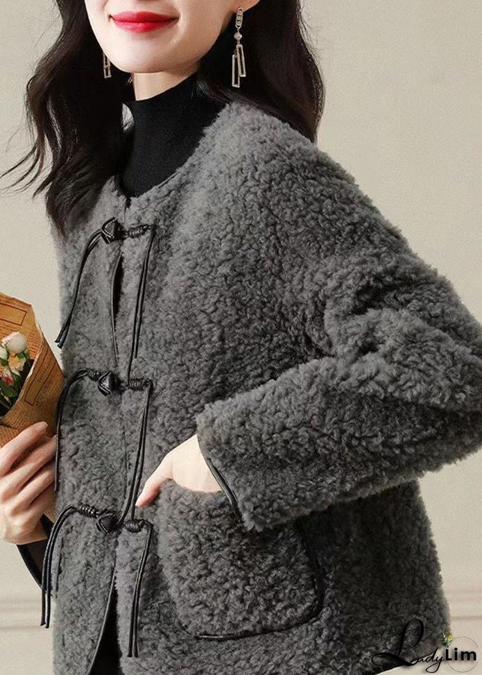 Fine Grey O Neck Tasseled Button Patchwork Wool Coats Winter