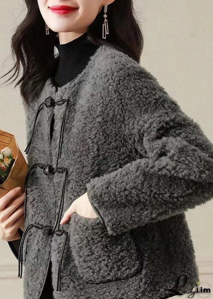 Fine Grey O Neck Tasseled Button Patchwork Wool Coats Winter