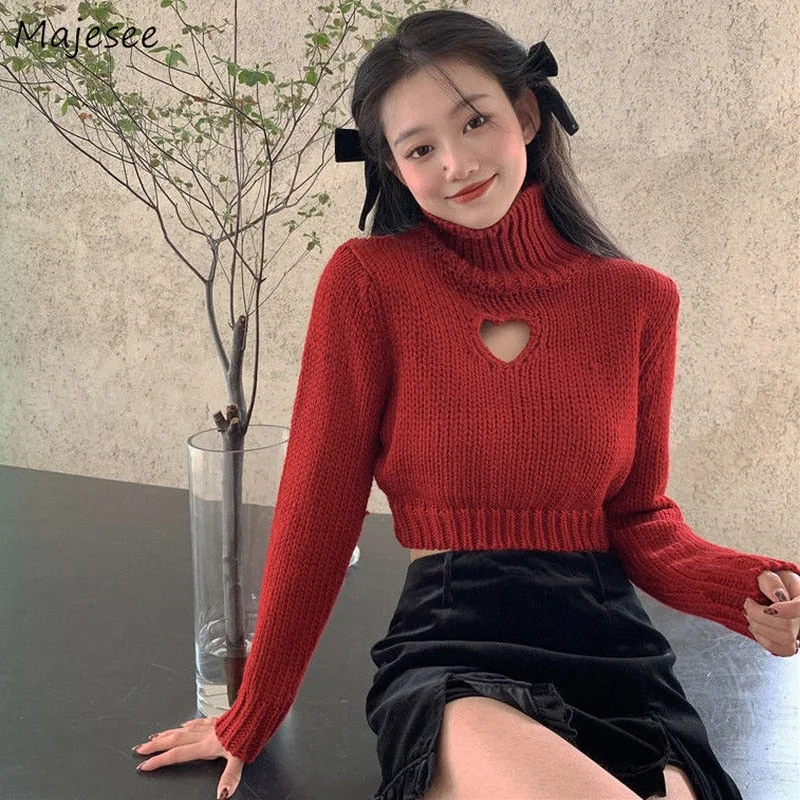 Turtleneck Sweater Women Heart Crop Solid Korean Style Sexy Cute Sweet Winter Ladies Tops Design High Street Harajuku Chic Girls