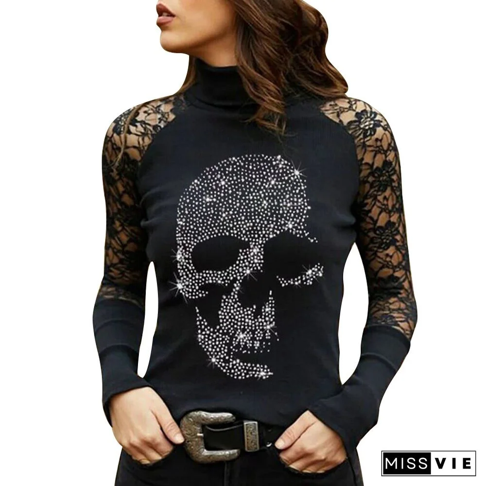 Women Turtleneck Lace Patchwork Long Sleeve Shirts Spring Autumn Ladies Casual Sexy Tops Black Y2k Skull Print Streetwear