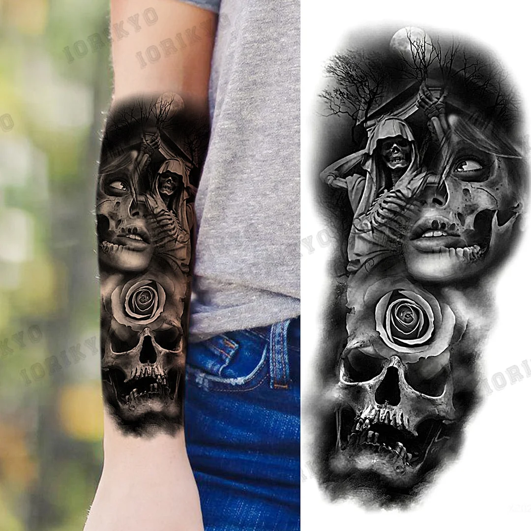 Black Devil Vampire Arm Temporary Tattoos For Women Adult Skull Lion Crown Compass Fake Tattoo Washable Body Art Painting Tatoos