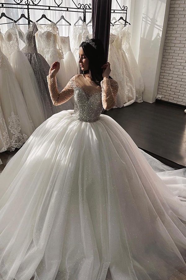 Shimmery Crystal Ball Gown Long Sleeves Wedding Dress With Beadings | Ballbellas Ballbellas