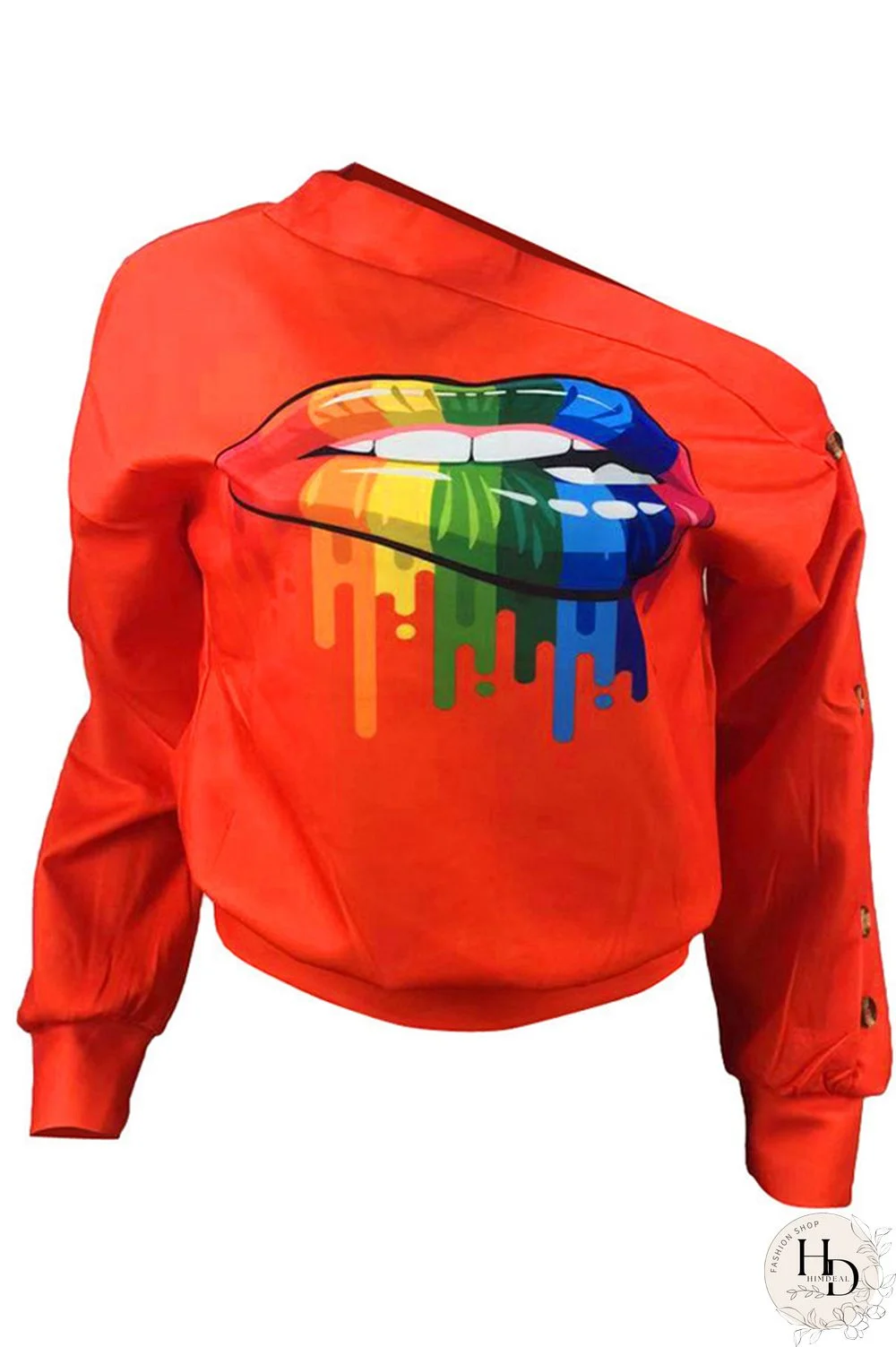 Black One Shoulder Collar Print Polyester Print Long Sleeve