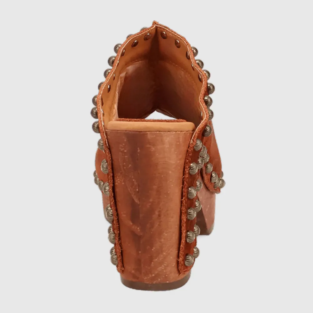 Tan Vegan Suede Studded Wide Strap Platform Women's Heel Sandals